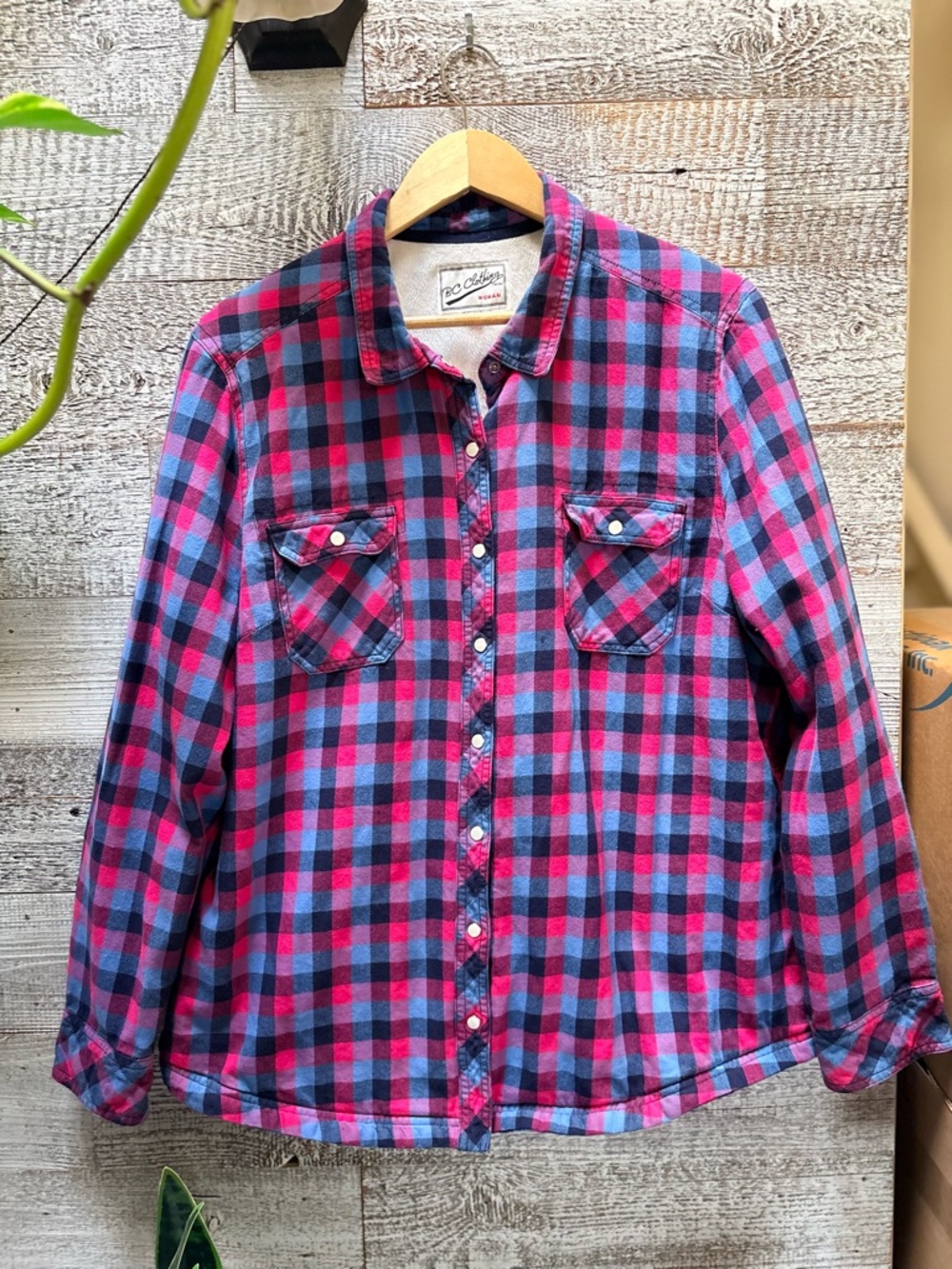 BC Clothing | Snap-Front Plaid Microfleece-Lined Shacket - Women's XXL, Red/Blue